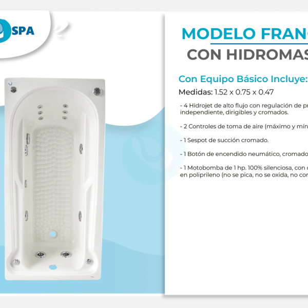 Tina de hidromasaje francia de 1.52 x 0.75 x 0.47 para 1 persona