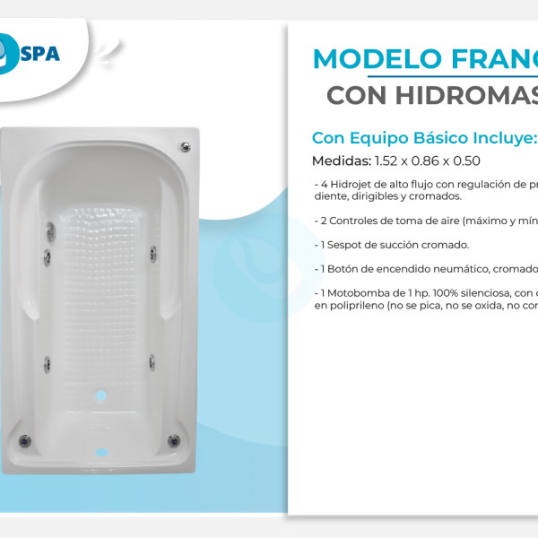 Tina de hidromasaje francia II de 1.52 x 0.86 x 0.50 para 1 persona