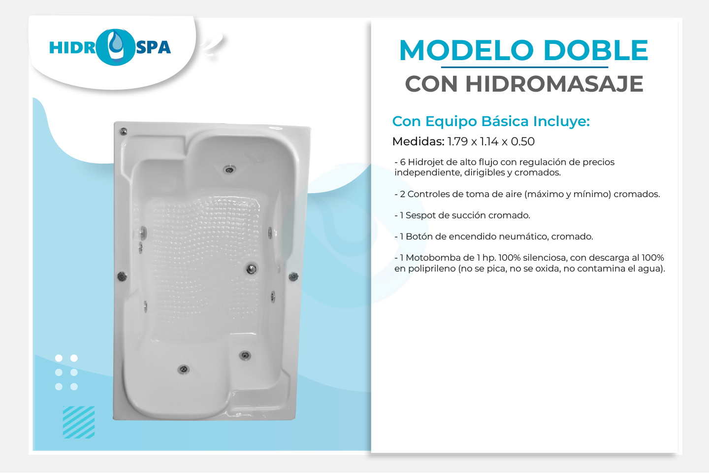 Tina de hidromasaje doble de 1.79 x 1.14 x 0.50 para 2 personas